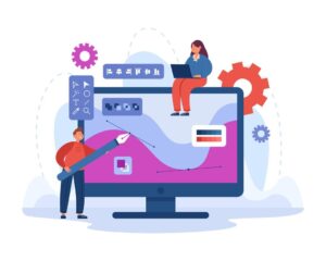 imgi 58 tiny graphic designer drawing with big pen computer screen creators work creative woman working laptop flat vector illustration digital design concept banner landing web page 74855 25342